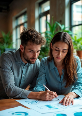 Two professionals collaborating on digital marketing strategies, analyzing charts and data on paper, in a modern office setting with greenery.