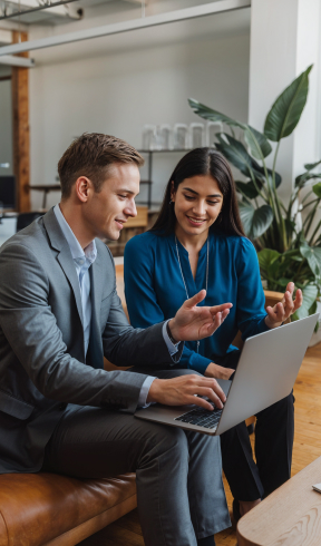 Business professionals collaborating on a laptop in a modern office setting, discussing digital marketing strategies for SEO growth.