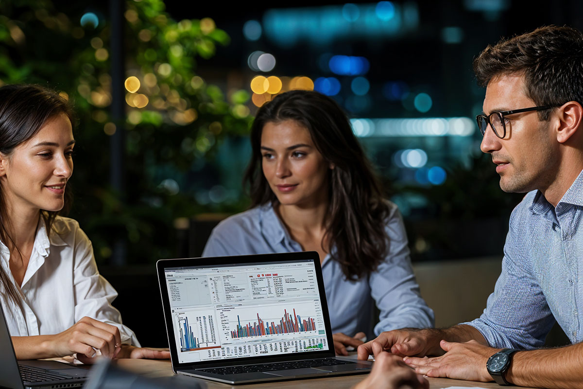 Team discussing SEO data and strategies, with a laptop displaying analytics graphs and metrics, in a modern office setting.