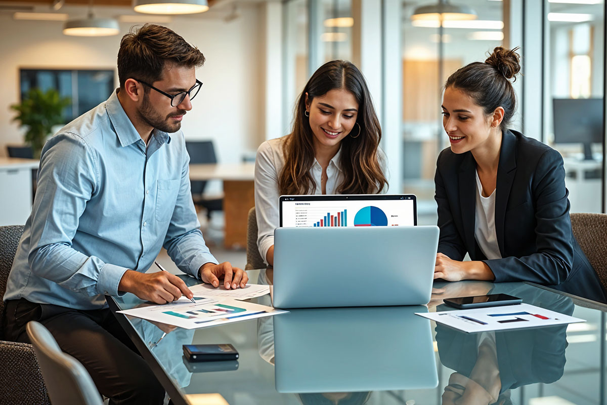 Business professionals collaborating on SEO strategies, analyzing performance metrics on a laptop, with charts and documents on the table, in a modern office setting.