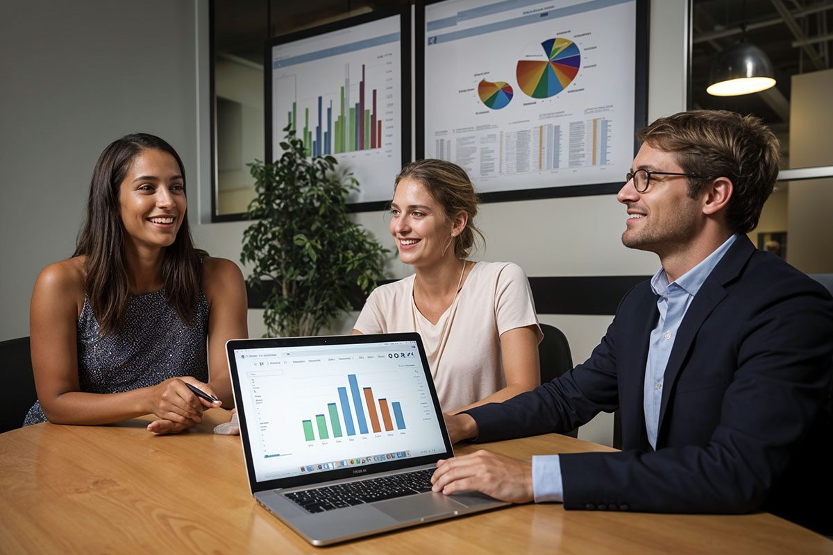 Three professionals discussing SEO performance at a meeting table, with a laptop displaying analytics graphs and charts, emphasizing data-driven marketing strategies.