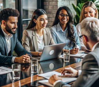 Diverse group of professionals in a meeting, discussing digital marketing strategies with a laptop and notepads on the table, emphasizing collaboration and engagement.