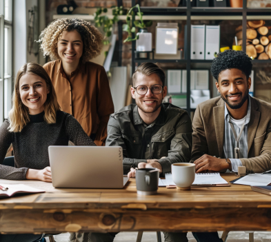 Diverse digital marketing team collaborating in an office setting, showcasing teamwork and engagement in a creative environment.
