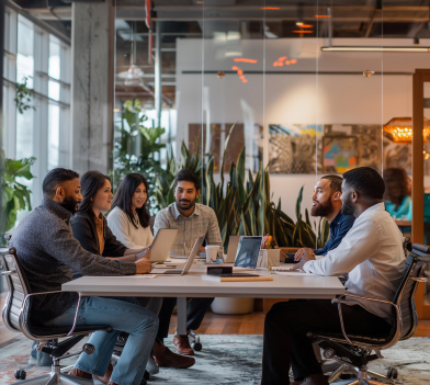 Team collaborating in a modern office setting, discussing digital marketing strategies and implementation for Myrtle SEO services.