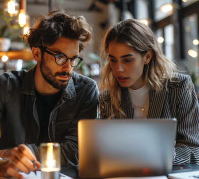 Young man and woman collaborating on a laptop in a modern workspace, emphasizing teamwork in digital marketing strategy development.