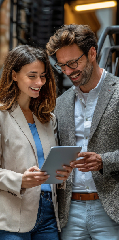 Professionals discussing digital marketing strategies on a tablet, highlighting expertise in SEO solutions and content optimization.