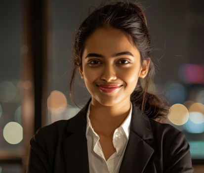 Mia White, Marketing Director at Myrtle SEO, smiling confidently in a professional setting with city lights in the background, reflecting her expertise in brand storytelling and digital marketing strategies.