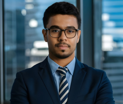 Professional portrait of a young man in a suit and tie, standing confidently with arms crossed, against a modern office background, representing the strategic leadership and innovative marketing expertise at Myrtle SEO.
